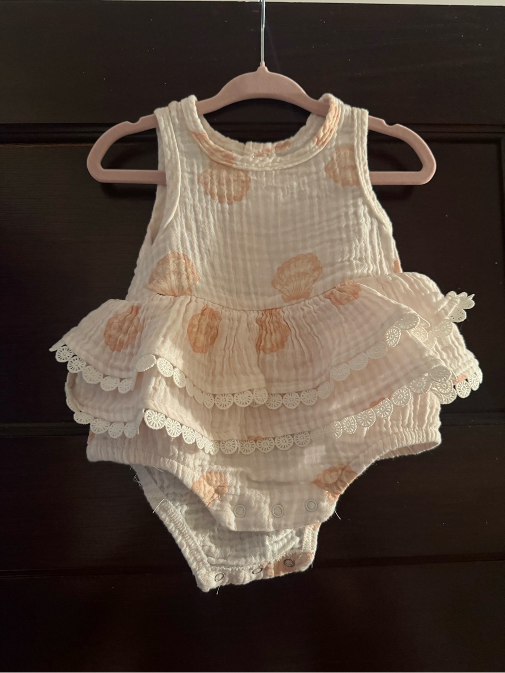 Ruffled Muslin Romper in Soft Peach Floral